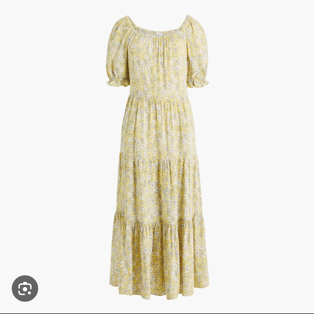 J. Crew Yellow Floral Puff-sleeve tiered midi dress